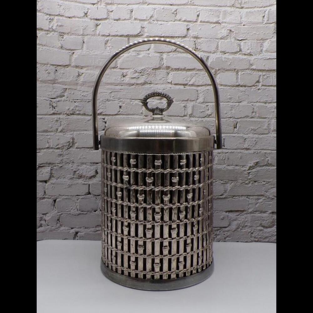 Vintage Hollywood Regency Faux Bamboo Silver Plated Lidded Ice Bucket
